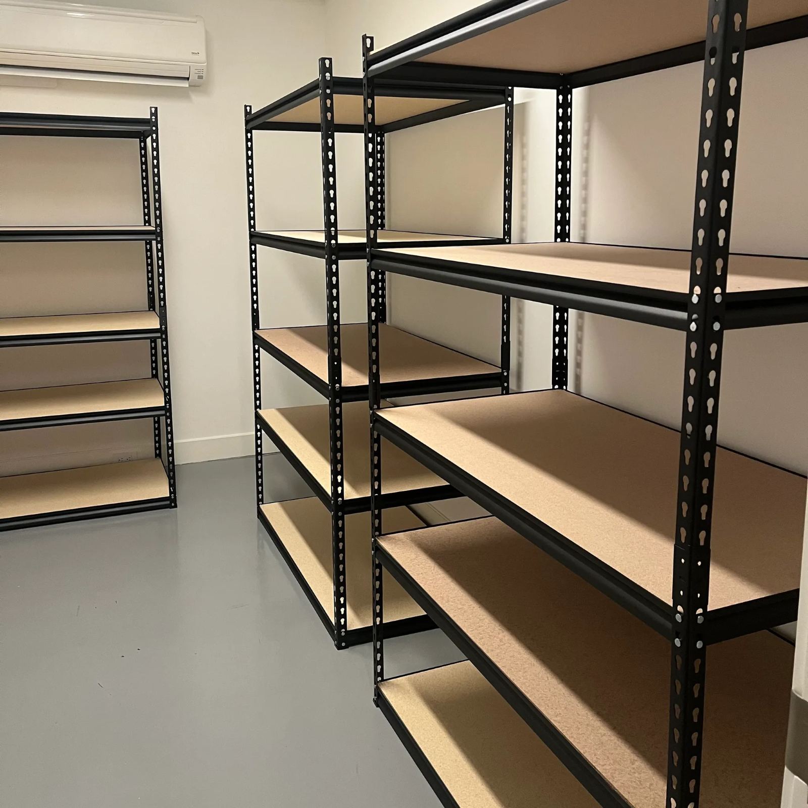 Assembled wire shelving and storage setup for a business